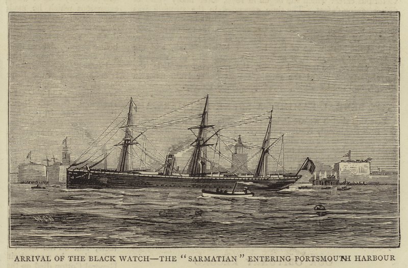 Black Watchin saapuminen, sarmatialainen saapumassa Portsmouthin satamaan tekijältä William Edward Atkins