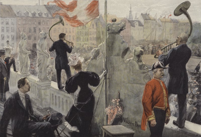 Trumpetistit Kööpenhaminan etnografisen museon katolla juhannuspäivänä tekijältä William Friedrich Georg Pape