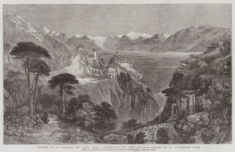 La Madonna del Sasson luostari, Locarnon yläpuolella, Lago Maggiorella, Water Colours -maalariyhdistyksen näyttelystä tekijältä William Harding Collingwood Smith