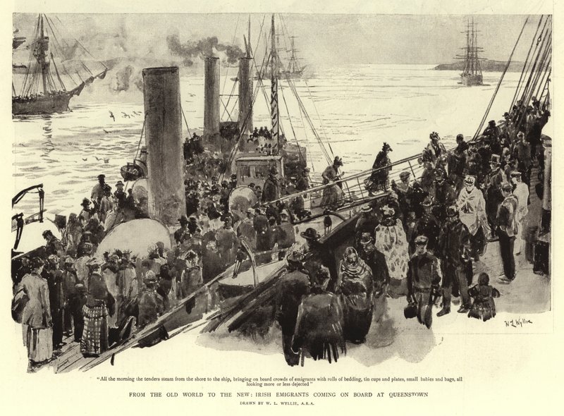 Vanhasta maailmasta uuteen, irlantilaiset emigrantit tulevat kyytiin Queenstownissa tekijältä William Lionel Wyllie