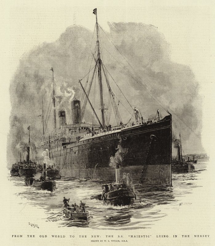 Vanhasta maailmasta uuteen, S S Majestic makaa Merseyssä tekijältä William Lionel Wyllie