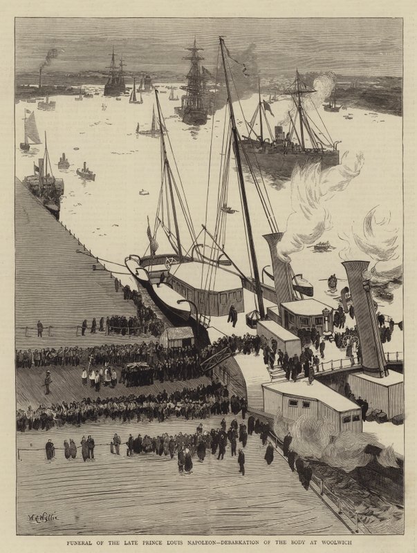 Edesmenneen prinssi Louis Napoleonin hautajaiset, ruumiin poistuminen Woolwichissa tekijältä William Lionel Wyllie