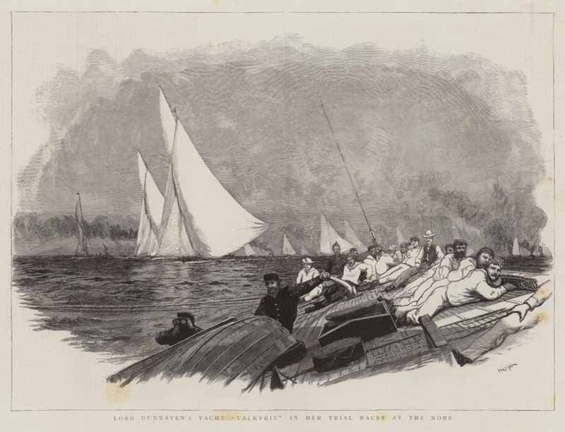 Lord Dunravenin Yacht Valkyrie koekilpailuissaan Noressa tekijältä William Lionel Wyllie