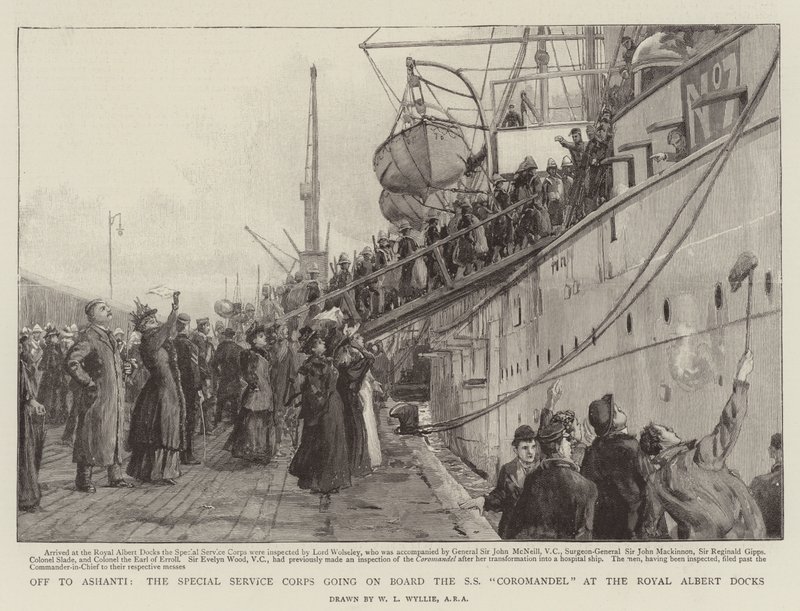 Erikoisjoukot menossa Ashantiin SS Coromandel -alukselle Royal Albert Docksissa. tekijältä William Lionel Wyllie