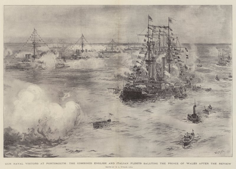 Laivaston vierailijamme Portsmouthissa, englantilaiset ja italialaiset laivastot tervehtivät Walesin prinssiä tarkastelun jälkeen tekijältä William Lionel Wyllie