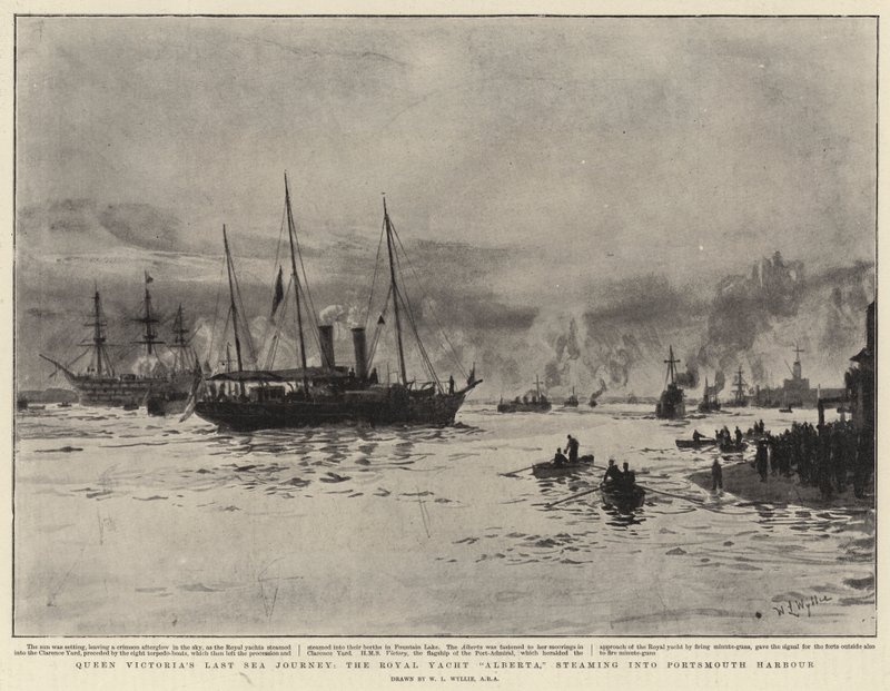 Kuningatar Victorian viimeinen merimatka, Royal Yacht Alberta höyryämässä Portsmouthin satamaan tekijältä William Lionel Wyllie