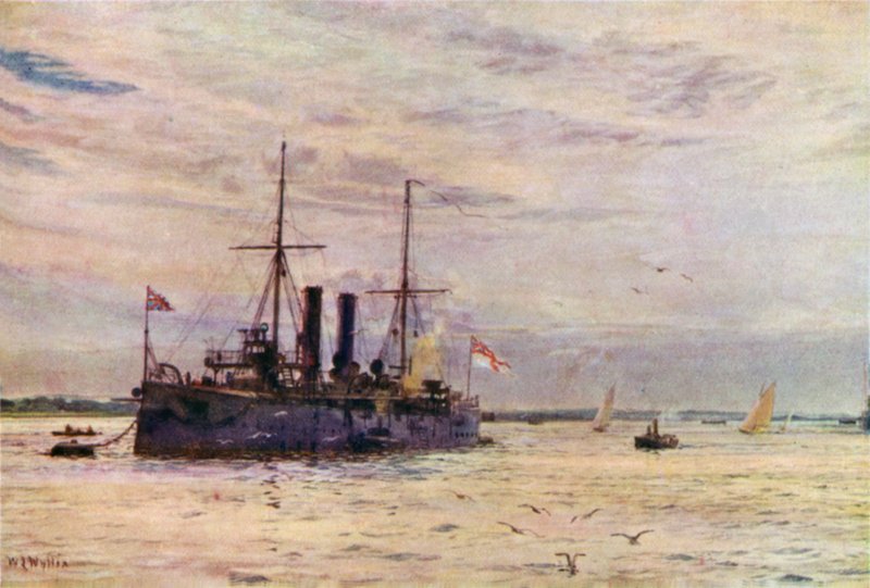 Toisen luokan risteilijä Naval Defense Act Era, nyt muutettu miinan kerrokseksi tekijältä William Lionel Wyllie