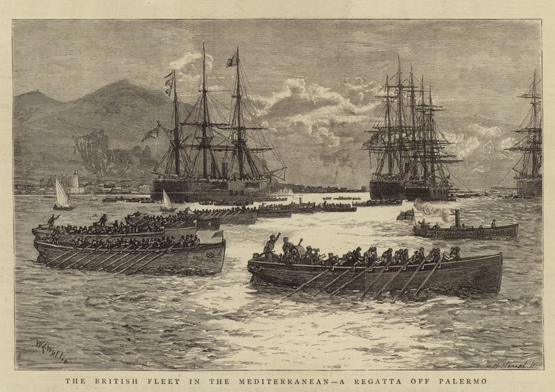 Britannian laivasto Välimerellä, regatta Palermon edustalla tekijältä William Lionel Wyllie