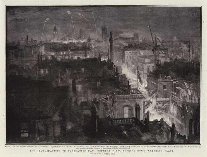 Valot kruunauspäivänä, yleisnäkymä, katsoen alaspäin Waterloo Placesta tekijältä William Lionel Wyllie