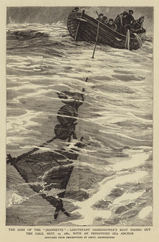 Jeannetten menetys, luutnantti Danenhowerin vene ratsastamassa Galesta, 12. syyskuuta 1881 improvisoidun meriankkurin kanssa tekijältä William Lionel Wyllie