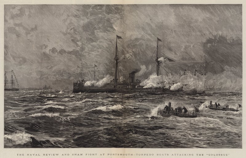 Naval Review ja Sham Fight Portsmouthissa, torpedoveneet hyökkäämässä Colossia vastaan tekijältä William Lionel Wyllie