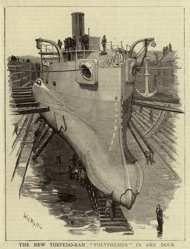 Uusi Torpedo-Ram Polyphemus kuivatelakalla tekijältä William Lionel Wyllie