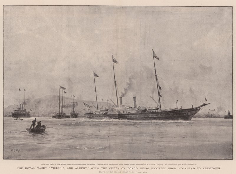 Royal Yacht Victoria and Albert, jonka kyydissä on kuningatar, saatetaan Holyheadista Kingstowniin tekijältä William Lionel Wyllie