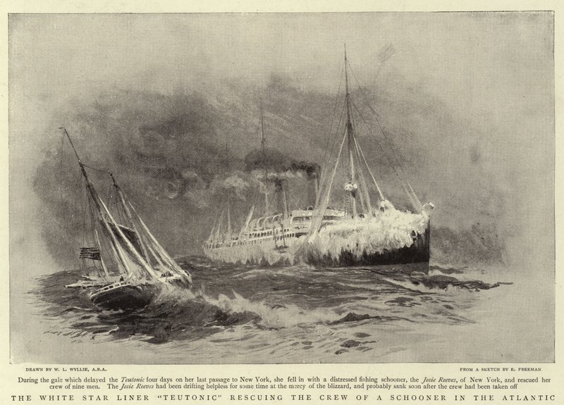 White Star Liner Teutonic pelastaa kuunerin miehistön Atlantilla tekijältä William Lionel Wyllie