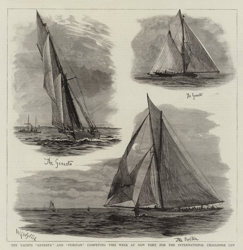 Yachts Genesta ja Puritan kilpailevat tällä viikolla New Yorkissa International Challenge Cupista tekijältä William Lionel Wyllie