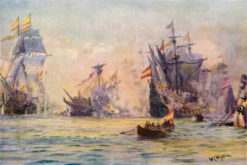 "Herrasmies-seikkailijan", "Koston" loppu, espanjalaisten vangiksi, 1591 tekijältä William Lionel Wyllie