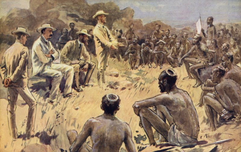 Cecil Rhodes neuvolassa Matabele-päälliköiden kanssa tekijältä William Rainey