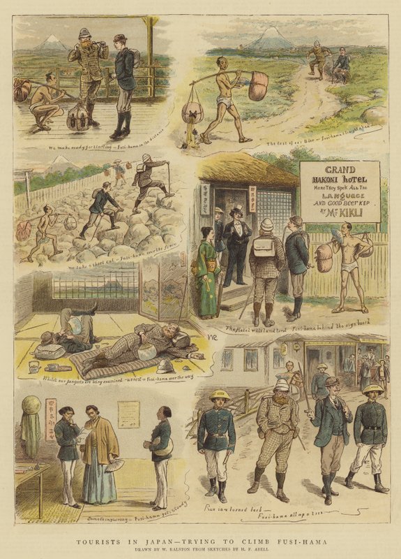 Turistit Japanissa yrittävät kiivetä Fusi-Hamaan (chromolitho) tekijältä William Ralston