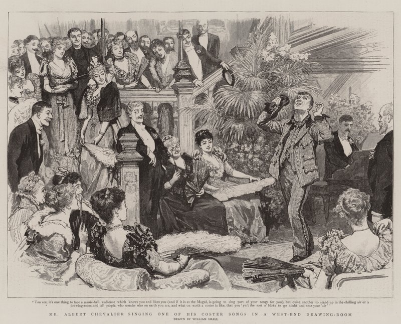 herra Albert Chevalier laulamassa yhtä Coster-lauluistaan West-End Drawing Roomissa tekijältä William Small