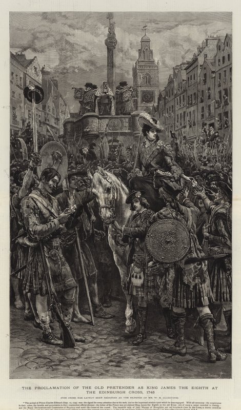 Vanhan teeskentelijän julistus kuningas Jaakob kahdeksanneksi Edinburghin ristillä, 1745 tekijältä William Small