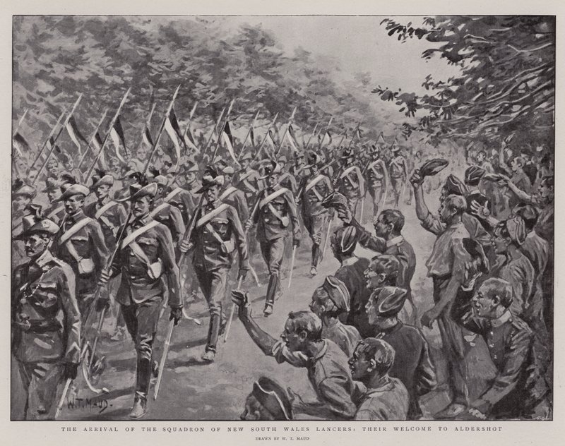 Squadron of New South Wales Lancersin saapuminen, heidän tervetuloa Aldershotiin tekijältä William T. Maud
