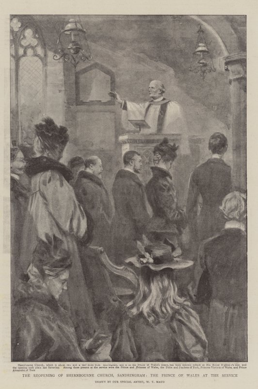Shernbournen kirkon uudelleen avaaminen, Sandringham, Walesin prinssi jumalanpalveluksessa. tekijältä William T. Maud