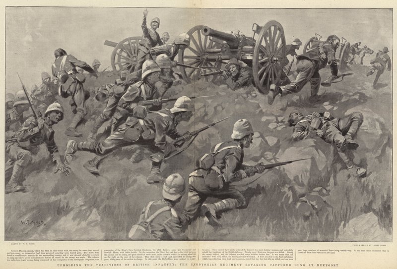 Ison-Britannian jalkaväen perinteitä vaaliessaan Derbyshiren rykmentti valtasi vangitut aseet Hekpoortissa tekijältä William T. Maud
