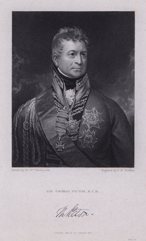 Sir Thomas Picton, walesilainen kenraali Napoleonin sodista, kuoli Waterloon taistelussa (kaiverrus) tekijältä William (after) Beechey