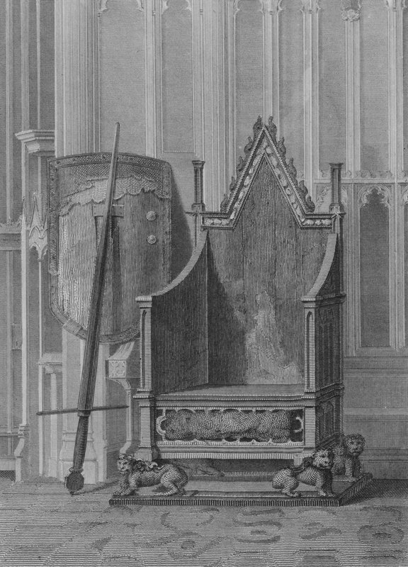 Englannin suvereenien kruunajaistuoli, Edward Kolmannen valtion kilven ja miekan kanssa, Westminster Abbey (kaiverrus) tekijältä William (after) Capon