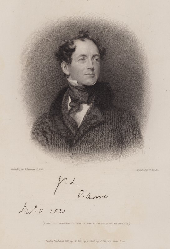 Thomas Moore, irlantilainen runoilija ja Lord Byronin elämäkerta (kaiverrus) tekijältä William (after) Finden