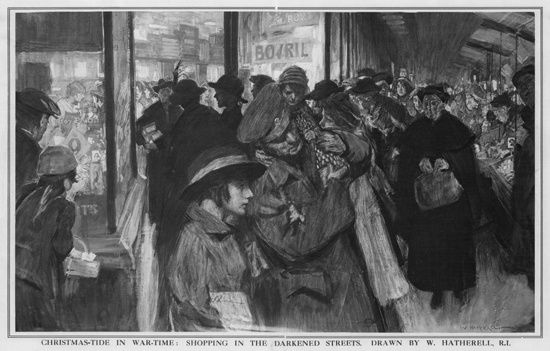 Joulun vuorovesi sodan aikana: Ostoksia pimeillä kaduilla (litho) tekijältä William (after) Hatherell