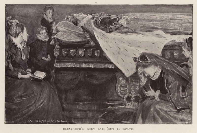 Elisabetin I ruumis asetettiin leposijalle, pub. 1898 (litografia) tekijältä William (after) Hatherell