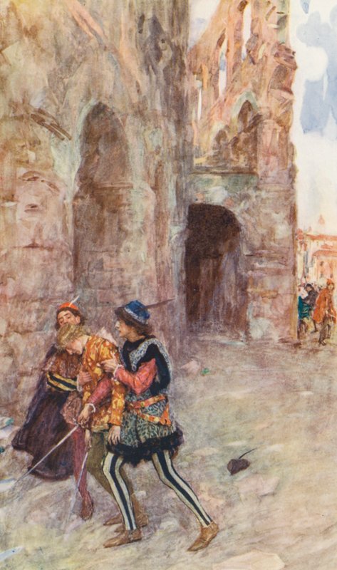 Shakespearen Romeo ja Julia: näytös III, kohtaus I (värilitografia). tekijältä William (after) Hatherell