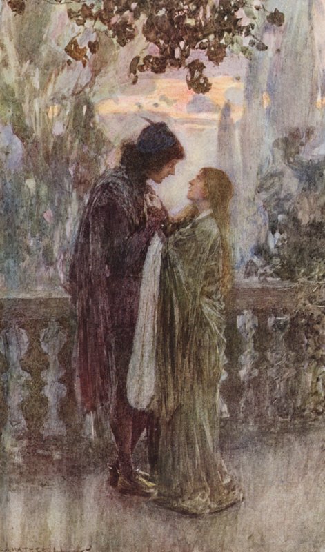 Shakespearen Romeo ja Julia: näytös III, kohtaus V (värilitografia). tekijältä William (after) Hatherell
