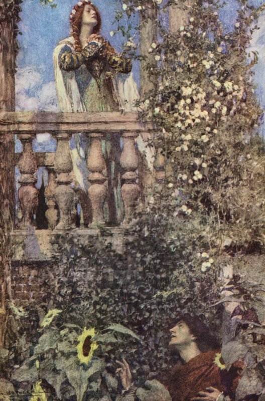 Shakespearen Romeo ja Julia: II näytös, kohtaus II (värilitografia). tekijältä William (after) Hatherell