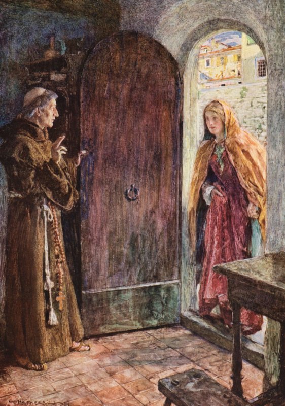 Shakespearen Romeo ja Julia: näytös II, kohtaus VI (värilitografia). tekijältä William (after) Hatherell