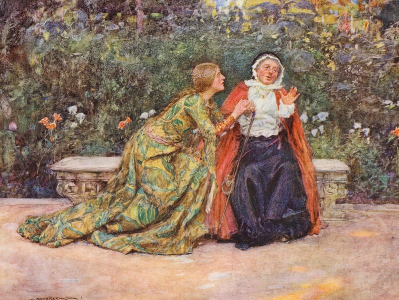 Shakespearen Romeo ja Julia: näytös II, kohtaus V (värilitografia). tekijältä William (after) Hatherell
