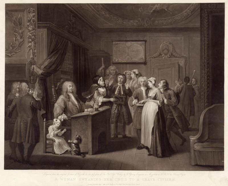 Nainen vannomassa lapsensa haudalle kansalaiselle (mezzotint) tekijältä William (after) Hogarth