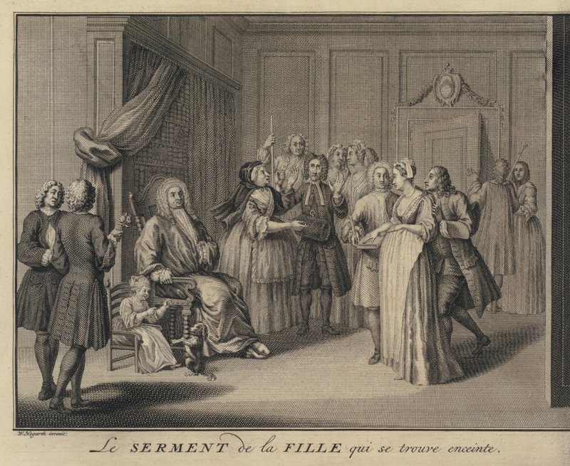 Nainen vannomassa lapsen haudalle kansalaiselle (kaiverrus) tekijältä William (after) Hogarth
