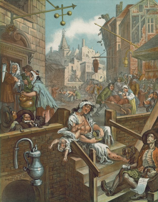 William Hogarthin Gin Lanen kromolitografia (chromolitho) tekijältä William (after) Hogarth