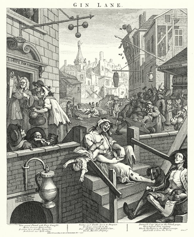 Gin Lane (kaiverrus) tekijältä William (after) Hogarth