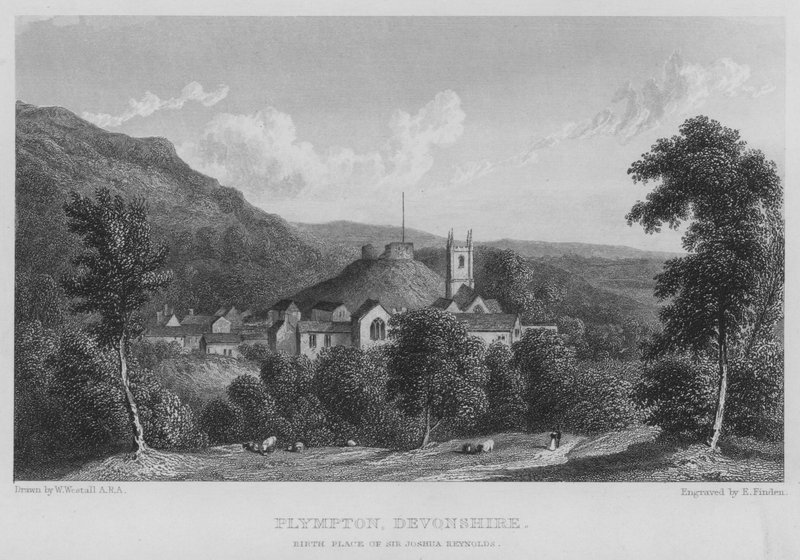 Plympton, Devonshire, Sir Joshua Reynoldsin syntymäpaikka (kaiverrus) tekijältä William (after) Westall
