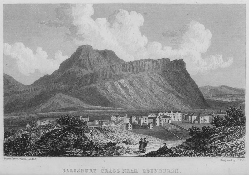 Salisbury Crags lähellä Edinburghia (kaiverrus) tekijältä William (after) Westall
