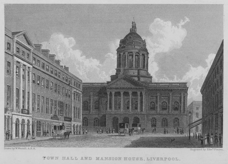 Town Hall ja Mansion House, Liverpool (kaiverrus) tekijältä William (after) Westall