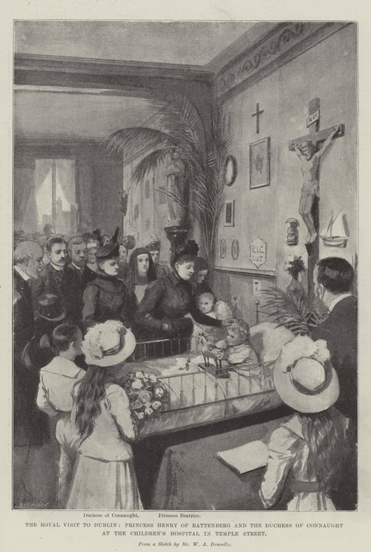 Kuninkaallinen vierailu Dubliniin, prinsessa Henry of Battenberg ja herttuatar Connaught lastensairaalassa Temple Streetin lithossa tekijältä William A. Donnelly