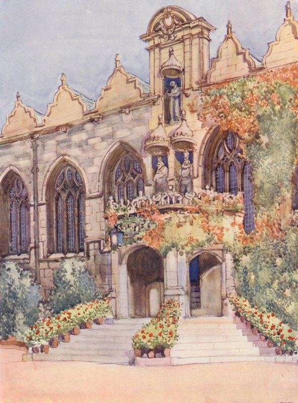 Oriel College Hallin sisäänkäynti, jossa Neitsyt ja lapsi, Edward II, collegeen nimellisesti perustaja, ja Kaarle I, jonka valtakaudella sali rakennettiin (värilitografia). tekijältä William Ainsworth Wildman