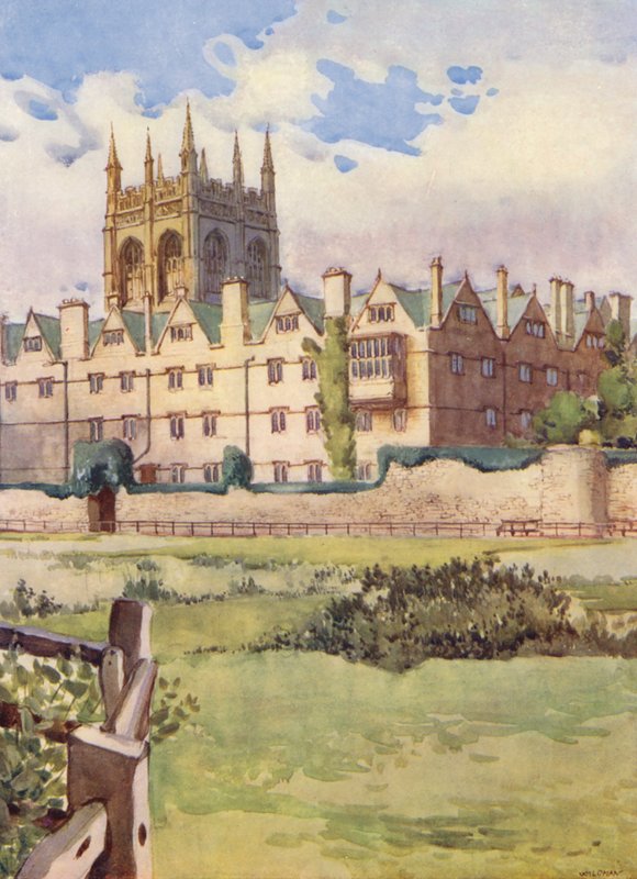Merton College, jossa kuningatar Henrietta Maria majoittui sisällissodan aikana, ja jossa näkyy vanhan kaupunginmuurin bastioni (värilitro). tekijältä William Ainsworth Wildman