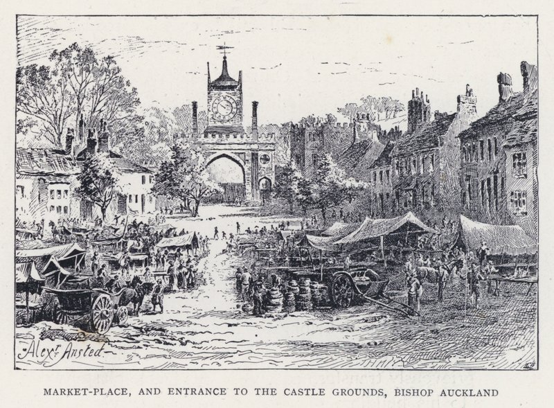 Market-Place ja sisäänkäynti linnan alueelle, piispa Auckland (kaiverrus) tekijältä William Alexander Ansted