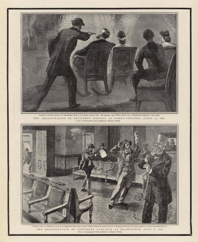 Presidentti Lincolnin salamurha Fordin teatterissa 14. huhtikuuta 1865, presidentti Garfieldin salamurha Washingtonissa 2. heinäkuuta 1881 tekijältä William Allen Rogers