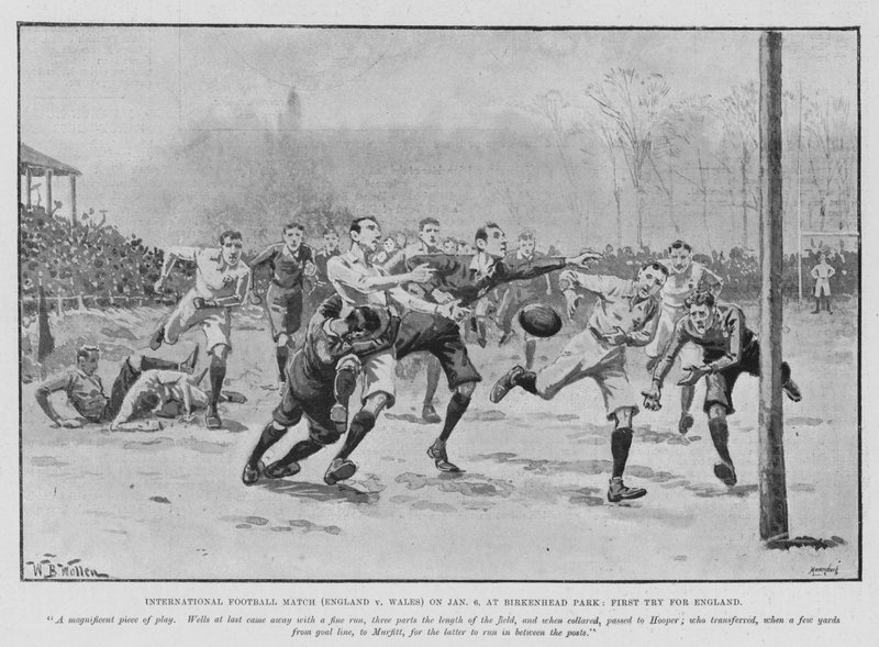 Kansainvälinen jalkapallo-ottelu (Englanti v Wales) 6. tammikuuta Birkenhead Parkissa, First Try for England (litho) tekijältä William Barnes (after) Wollen